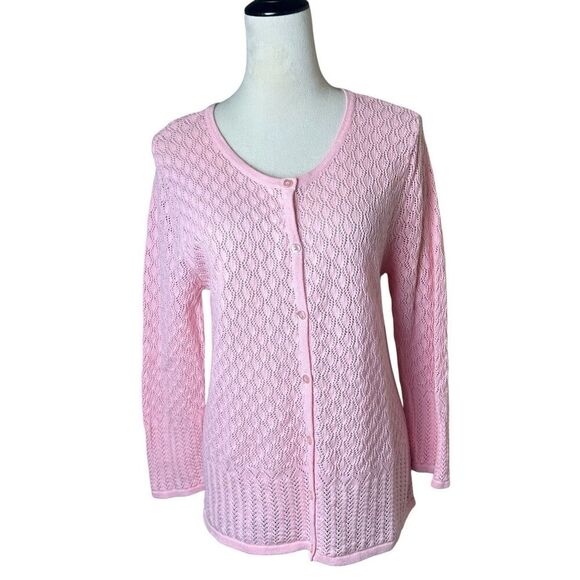 Vintage Crystal Kobe Petal Pink Open Knit Cardigan Size Large Barbie Preppy Y2K - Picture 1 of 9